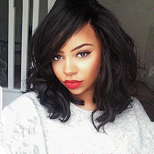 NiceToBuy 7A Glueless Short Bob Wavy Brazilian Virgin Human Hair Natural Wave Lace Front Wigs With Side Bangs for Women #1 Jet Black 12 Inches