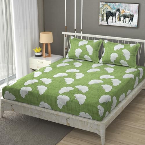 Image of Premium Heavy Cotton Elastic Fitted Bedsheets with 2 King Size Pillow Covers | Double Bed with All Around Elastic 350 TC | 72 x 78 x 10 Inch King Size Fitted | :- Green Jhaad