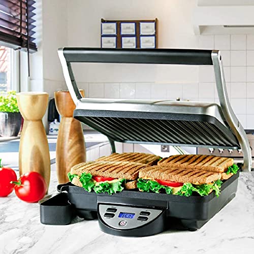 Ovente 4 Slice Electric Indoor Panini Press Grill with Non-Stick Double Flat Cast Iron Cooking Plates 