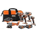 Ridgid 18-V Lithium-Ion Brushless Cordless 5 Tool Combo Kit with 1 4.0 Ah Battery, 1 2.0 Ah Battery Charger & Bag