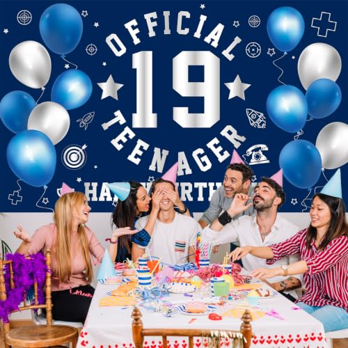 Image of Happy 19th Birthday Banner Backdrop 19th Birthday Decorations for Boy | Large Official Teenager 19th Backdrop 19 Year Old HBD Party Decorations Supplies, Navy Blue Silver