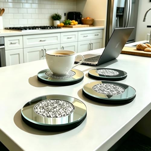 GIMORRTO Glass Mirrored Coaster 4 PC, Crushed...