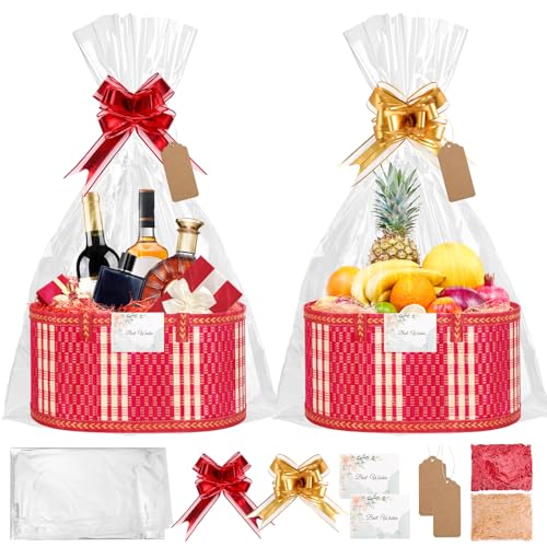 Panier en bambou tissé rouge SelfTek (Lot de 2) avec kits d'emballage pour cadeaux