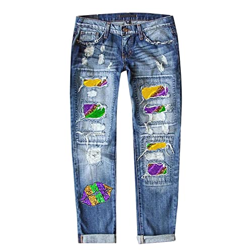 Jean droit imprimé femme bleu XXL avec perforations tendances
