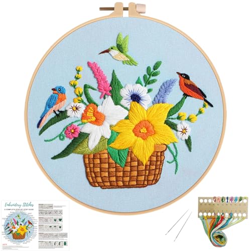 Nuberlic Flowers Birds Embroidery Kits for Beginners, DIY Cross Stitch Starter Craft Kits for Adults Including Cloth with Pattern, Hoop, Needles Instruction and Threads