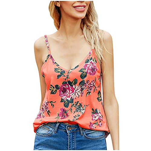Tank Tops for Women, Boho Floral Print Top Beach V Neck Sleeveless Blouse Spaghetti Strap Tank Tops Orange
