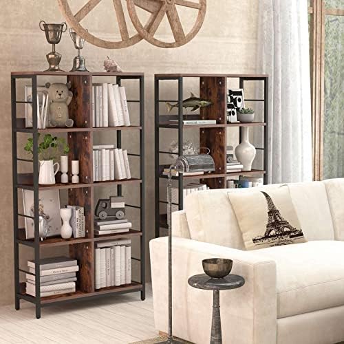 KU Syang 4-Tier Bookcase, Industrial Style Storage Rack, Display Storage Rack Shelf, Steel Bookshelf for Office, Living Room, Bedroom, Study, Hallway, Kitchen, Rustic Brown and Black