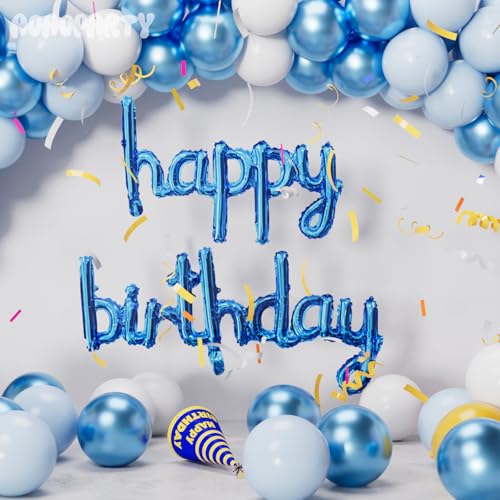 Image of Blue Happy Birthday Balloons Banner 16 Inch Mylar Foil | Happy Birthday Letters Sign for Women Men Adults Birthday Party Decorations