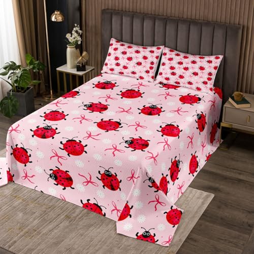 Red Ladybug Bedspread Queen Size,Daisy Flowers Bedding Sets 3Pcs for Kids Girls Boys Women Room Decor,Botanical Animals Comforter Set Cartoon Hippie Style Quilt Coverlet,2 Pillowcases