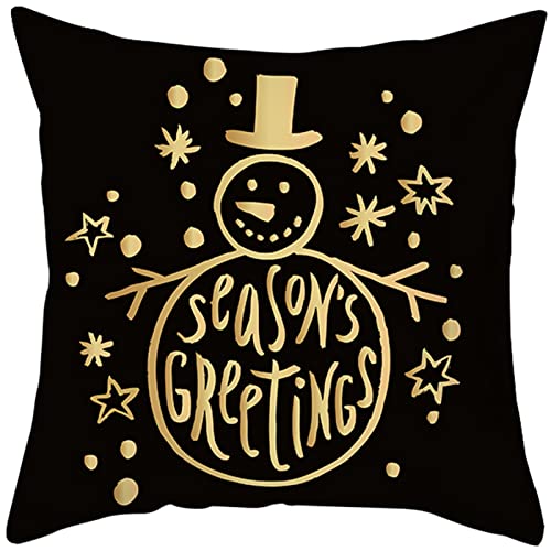 Homxi Funda para Cojines Cama 50x50,Fundas Cojines de Poliester Monigote de Nieve Estrellas y Copos de Nieve Negro Oro