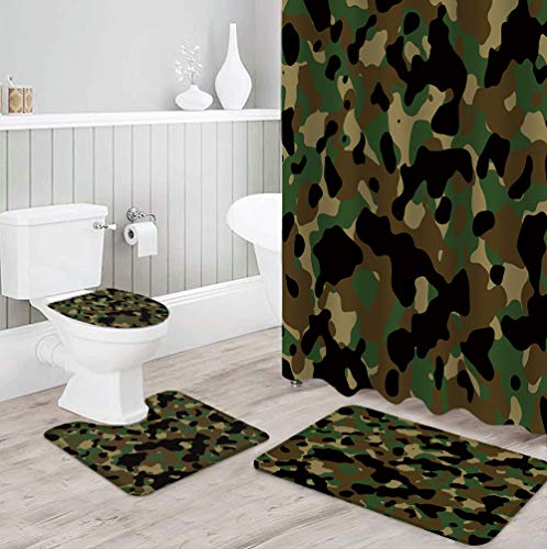 Babe Maps 4 Pcs Camo Shower Curtain Set With Non-Slip Rug, Toilet Lid Cover, Bath Mat And 12 Hooks, Waterproof Shower Curtain Set For Bathroom - Forests Military Army Camouflage Pattern Uniform Style #TOP2