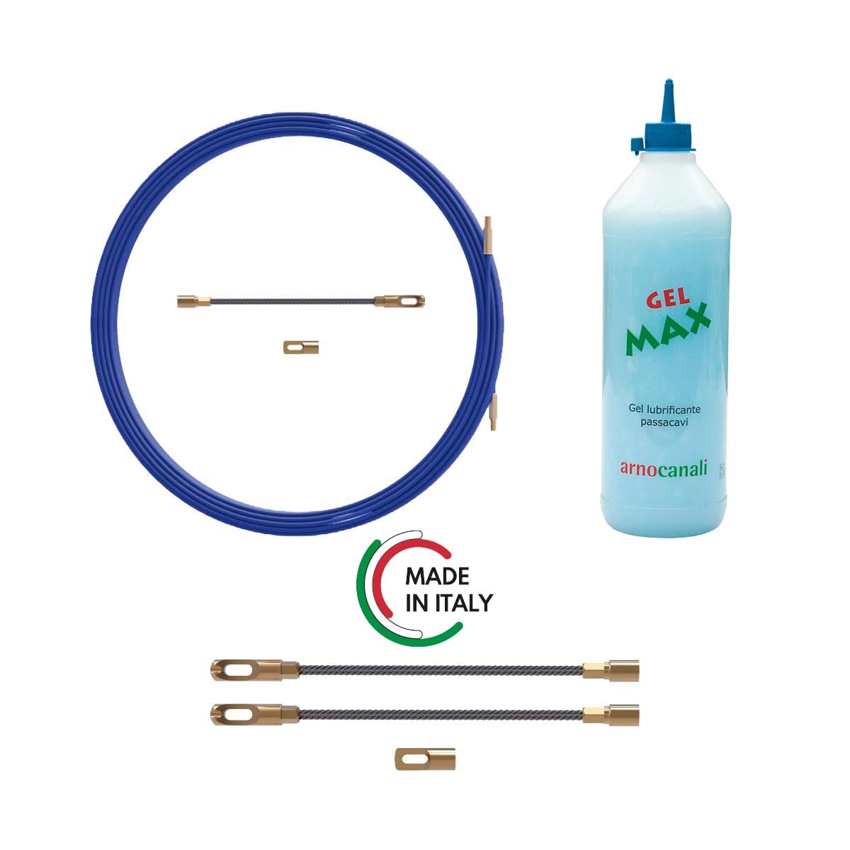 Arnocanali - KIT Sonda METRATA in corda d'acciaio rivestita Ø 4 L20m + liquido scivolante 150 ml + teste ricambio