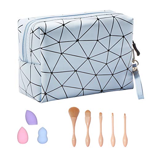 Makeup Bag for Women and Girls, Cosmetic Bag with 3 Pcs Makeup Sponges and 5 Pcs Makeup Brushes, Blue