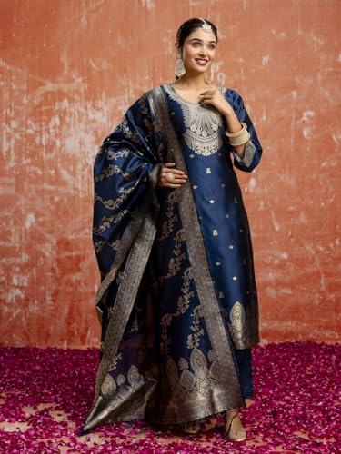 Image of VredeVogel Women's Cotton Silk Blend Zari Work Kurta Pant Set with Jacquard Silk Dupatta | Modern & Traditional Blend Ethnic Wear Set