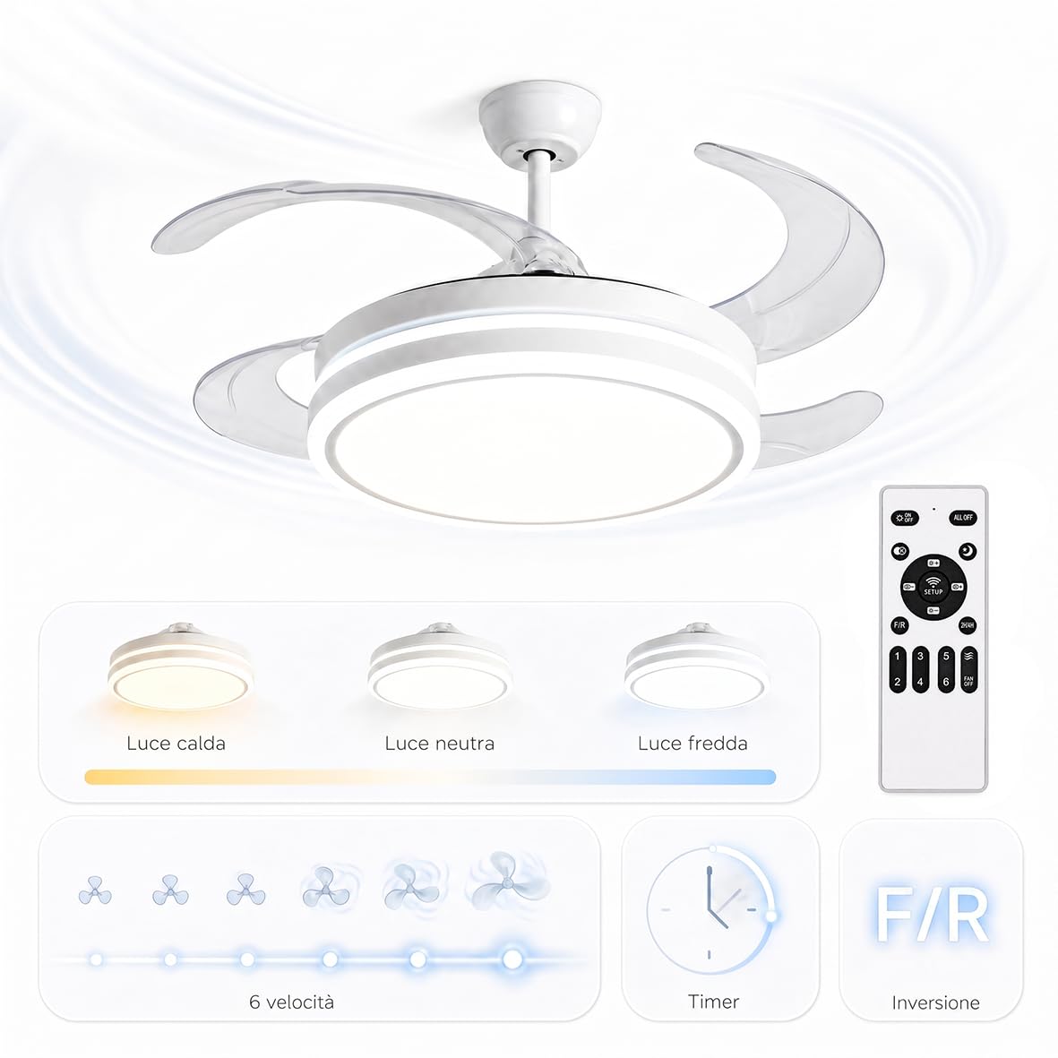 Silamp Ventilatore Da Soffitto Bianco Led Integrato 80w Luce Switch Con Telecomando