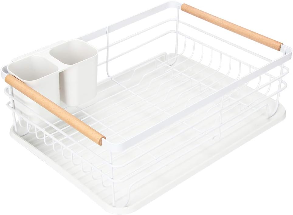 Modern Wood Handle Dish Rack and Drain Board, 16.5" x 12" x 5.5" Kitchen Plate Cup Dish Drying Rack Tray Cutlery Dish Drainer
