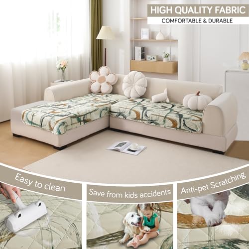 Image of HOKIPO 'Elira Series' Printed Water Repellent + Waterproof Quick Dry L Shape (2+2 Seater) Sofa Seat Cover Mat, Parchement Beige Abstract Art (AR-5245-C6 + AR-5246-C6)