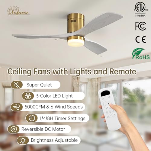 Image of Sofucor 52 Inch Low Profile Ceiling Fan with Light and Remote, Flush Mount