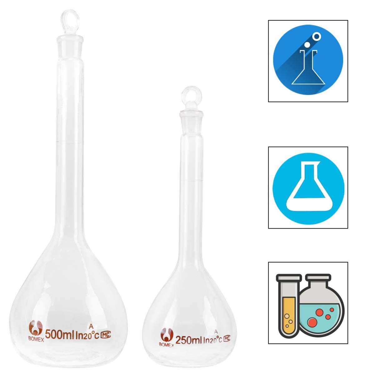 Matraz Volumétrico De 2 Uds Con Tapón, Matraz De Medición De Vidrio Transparente De Cuello Estrecho De Fondo Plano Para Prueba De Experimento Químico De Ciencia De Laboratorio