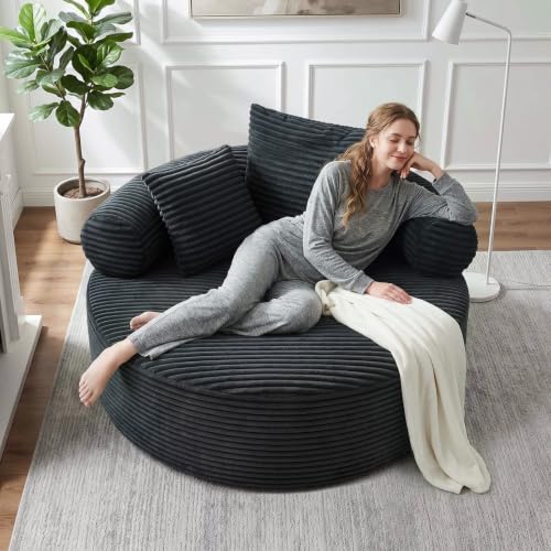 Image of Trustyue Boneless Couch,Comfy Fluffy Sofa Bed,Upholstered Sleeper Sofa with Cup Holder and Throw Pillows,Corduroy Plush Cloud Lounge Chair (Dark Grey, Corduroy)