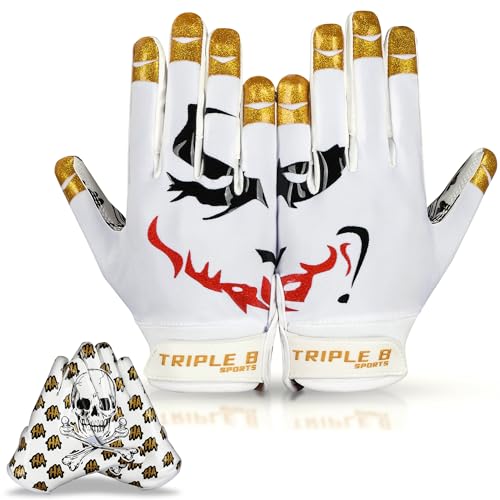 Football Gloves Joker Face Football Gloves Youth Football Gloves Football Receiver Gloves for Youth Adult (White/Gold, Adult Medium)