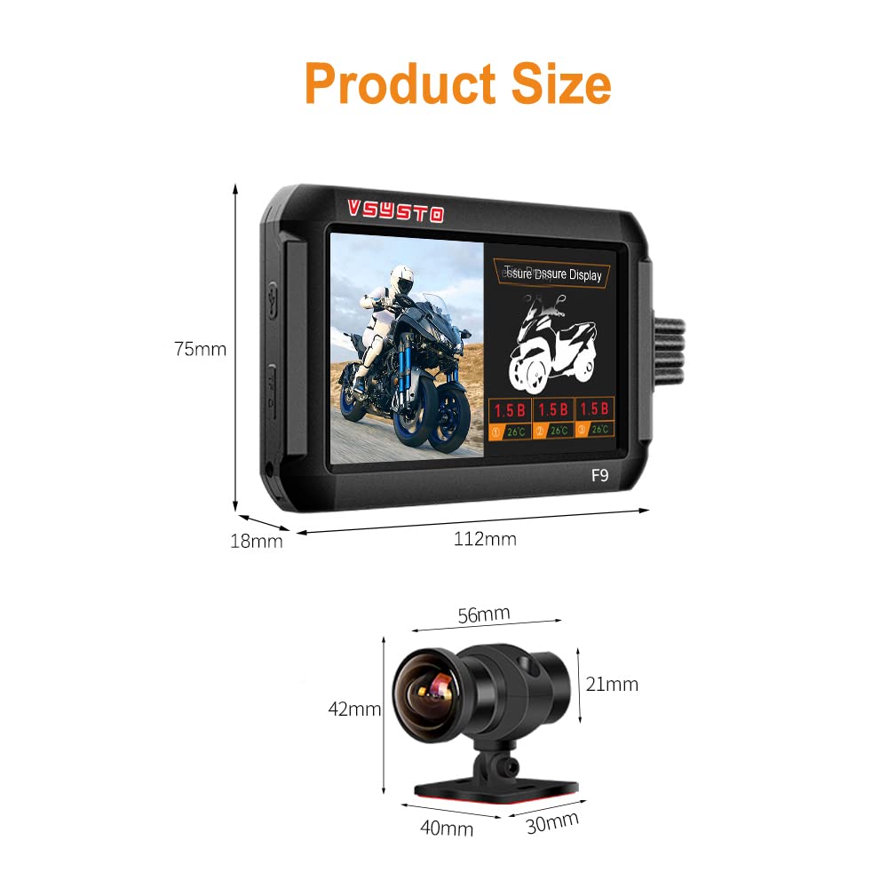 VSYSTO Enregistreur de Moto avec Trois Capteurs de Pression des Pneus Double Caméra Avant et Arrière 1080P Écran de 4,0 Pouces Wi-FI GPS WDR Étanche (6 Couches de Verre + 150° Grand Angle)