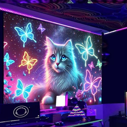 Image of Nuxovilar Glowing Cat Wall Tapestry Polyester 59.05x51.18 In | Glow Poster Trippy Wall Art Animal Decor UV Backdrop Living Room Bedroom Lounge Space Room (Cat Butterflies)