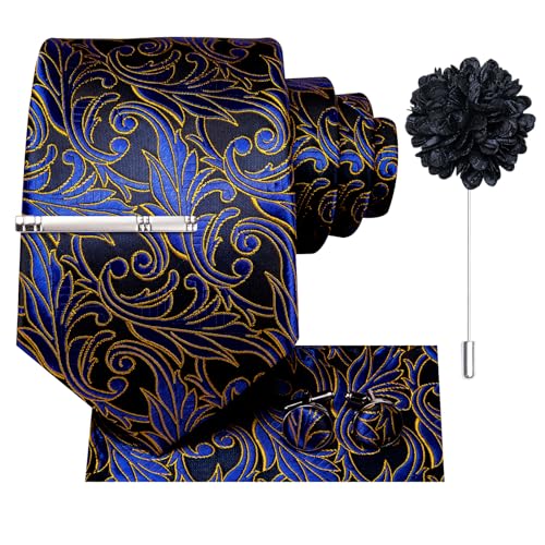 Image of Hi-Tie Blue Gold Flower Neckties for Men Jacquard Classic Tie and Pocket Square Lapel Pin Silver Tie Clip Cufflinks Set Wedding Business 6PCS