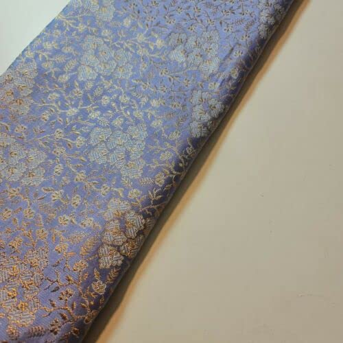 Textile Station Tessuto Broccato Indiano Con Stampa Floreale Oro Metallizzato - Larghezza 112 Cm, Taglio Da 1 Metro - Colore Blu Nuovo