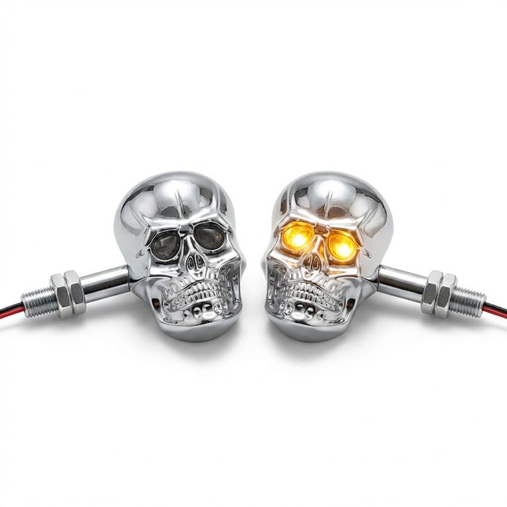 Motorcycle 10mm Screw Skull Head LED Amber Turn Signal Indicator Light (Chrome)