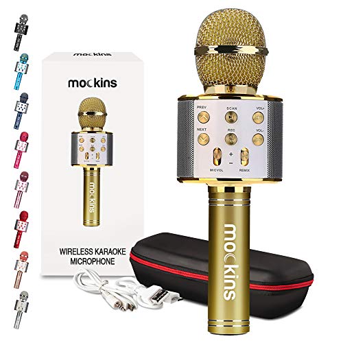 Mockins Gold Bluetooth Karaoke Microphone for Kids with Built in Bluetooth Microphone Wireless Speaker | Wireless Mic Karaoke Compatible with iPhone & Android | All-in-One Mic