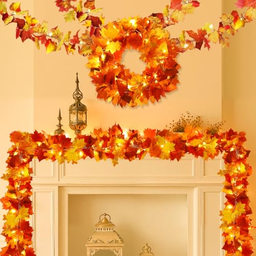 Joyhalo 4 Pack Fall Garland with Lights, Autumn Leaf Garland for Mantle, Fall Decorations for Home, Outdoor Lighted Up Leaves Garland, Maple Leaves for Table, Home, Indoor, Thanksgiving Decorations by joyhalo - Used condition - US$21.38