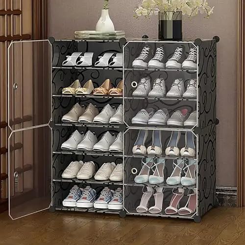Image of AYSIS 12 Shelf DIY Shoe Rack Box Organizer ^ Multi-Purpose Plastic Shoe Rack for Home, PP Plastic Home Rack with Door for Entryway, Chappal Slipper Shoe Stand【Black, 12-Shelf-4-Door】