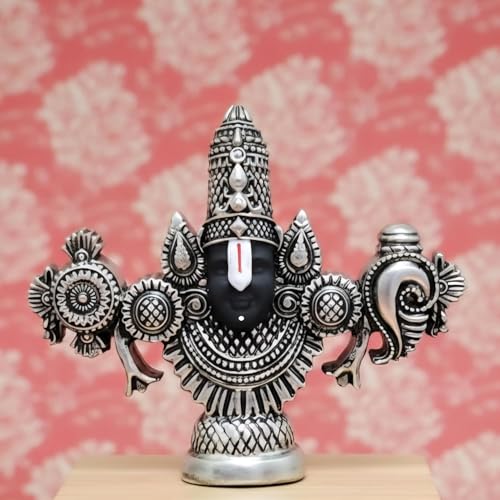 Image of ARNAVIRA Lord Balaji Face Idol | 4.2 x 3.5 Inch Silver Plated Venkateswara Face Murti for Pooja Room | Car Dashboard | Gifting | Home Temple Decor