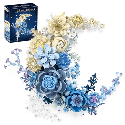 Loyratche Blue Moon Flower Building Set, Botanical Collection Crescent-Shaped Artificial Flowers Building Blocks Kit Compatible with Lego for Adults Home Décor Wall Art Decoration