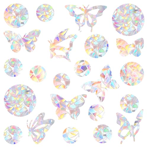 4 Sheets Anti-Collision Window Stickers, Window Decals to Prevent Bird Strikes Suncatchers Stickers Rainbow Window Cling for Glass Windows Window Strike Prevention(Butterfly + Round Style)