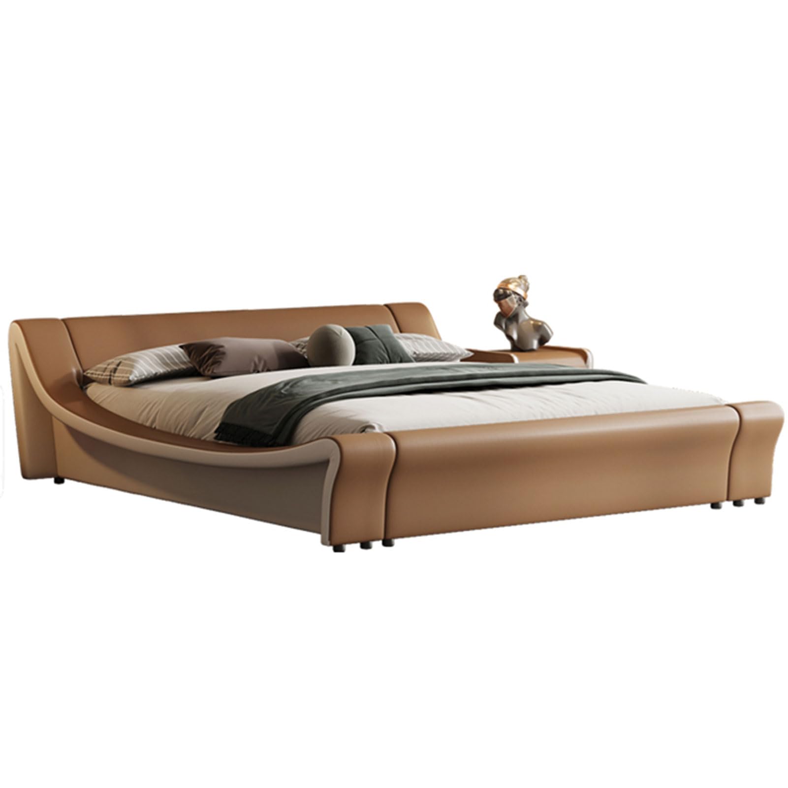 Mid-Century King Size Genuine Leather Wood Bed with Wingback Headboard and Storage Drawers Upholstered Platform Bed Frame Strong