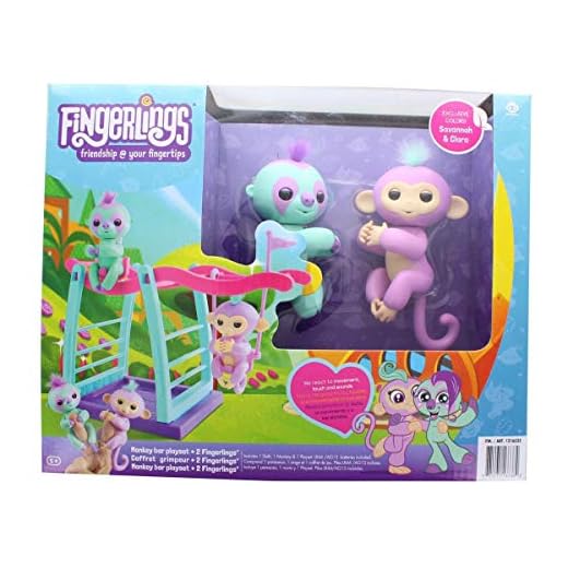 WowWee Fingerlings Playset - Monkey bar/Swing Playground with One Monkey & One Sloth – Savannah (Light Purple) & Clara (Turquoise)