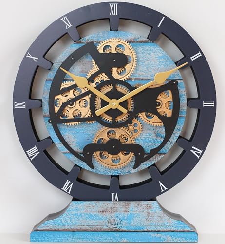 The Gears Clock 16 inches Wall Clock with Real Moving Gears Convertible into a Big Mantel Clock (Ocean Blue)