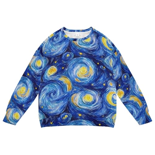 JUNZAN Blue Starry Night Oil Painting Big Girls Sweatshirts Hoodies Crewneck Outerwear for Kids Athletic 4T