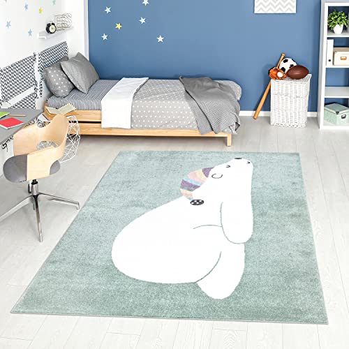 carpet city Teppich Kinderzimmer Tier-Motiv - Mint-Grün - 80x150 cm - Kinderteppich Kurzflor Bär...