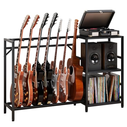 ZHNSYDN Guitar Stand with Record Player Stand, Guitar Rack with Record Player Table, Guitar Holder 7 Space for Multiple Guitars, Bass, Acoustic, Guitar Display for Home Music Studio, Black