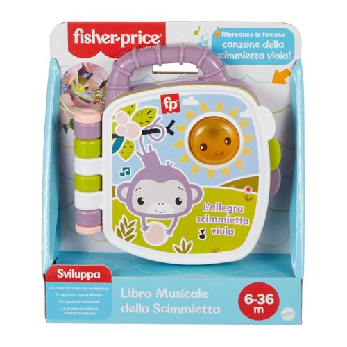 Fisher-Price - Libro de Canciones del Mono púrpura, Libro Musical con Luces y Sonidos para el Aprendizaje, versión Italiana, Juguete para niños, a Partir de 6 Meses, JFN06