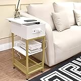 SZLHANJZ Modern Nightstand, White Nightstand with Charging Station, Slide Top Bed Side Table with St