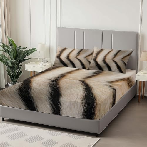 Sábana Bajera Ajustable Colchones 90 x 190 cm, Suave Fotografía Textura De Piel De Cebra Cómoda Transpirable Sábana Bajera Taupe Imprimir Elástico en el Borde Bolsillo Profundo 30 cm