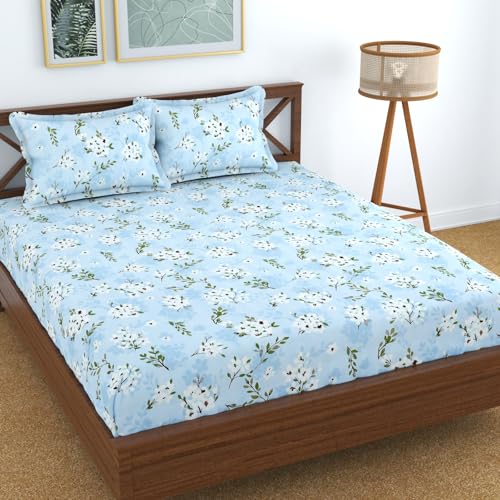 Image of KAWI Elastic Fitted Bedsheets (60 inchx78 inch) Queen Size Glace Cotton for Double Bed with All Around Elastic, 2 Large Pillow Cover, 200TC -Blue Floral Color
