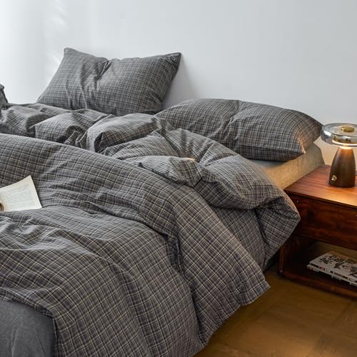 Image of EAVD Vintage Style Grey Plaid Gingham Duvet Cover Twin 100% Washed Cotton Like Linen Feel Soft Grid Plaid Bedding Set with 2 Pillowcases Farmhouse Grid Geometric Pattern Duvet Cover with Zipper