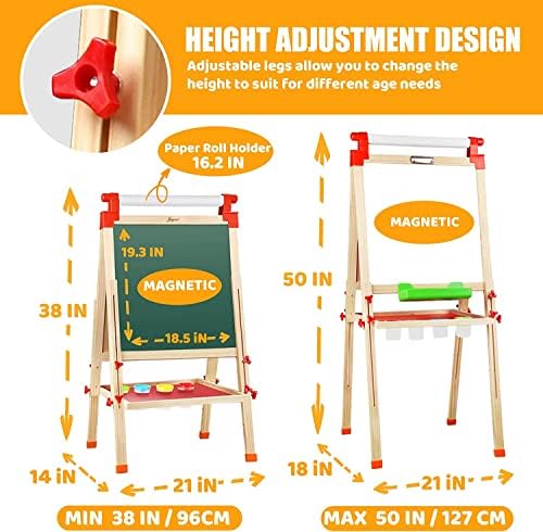 Joyooss Wooden Kids Easel with Paper Roll, Double Sided Magnetic Chalkboard and Whiteboard, Art Easel Adjustable Height 38-51inch, Drawing Board Child Easel for Boys Girls