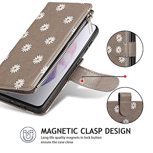 UEEBAI Wallet Case for iPhone SE 2022 5G/iPhone 7/iPhone 8/iPhone SE 2020, Premium PU Leather Pocket Magnetic Handbag Zipper Cover Kickstand Card Slots Flip Case for iPhone SE3/SE2 - Daisy Grey