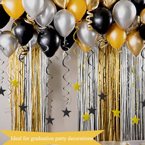 Image of 40Pcs Hanging Stars Swirls Party Decorations Plastic Star Spirals Streamers Foil Ceiling Decor for Birthday All Kinds of Parties Classroom Home (Gold, Black, Silver)